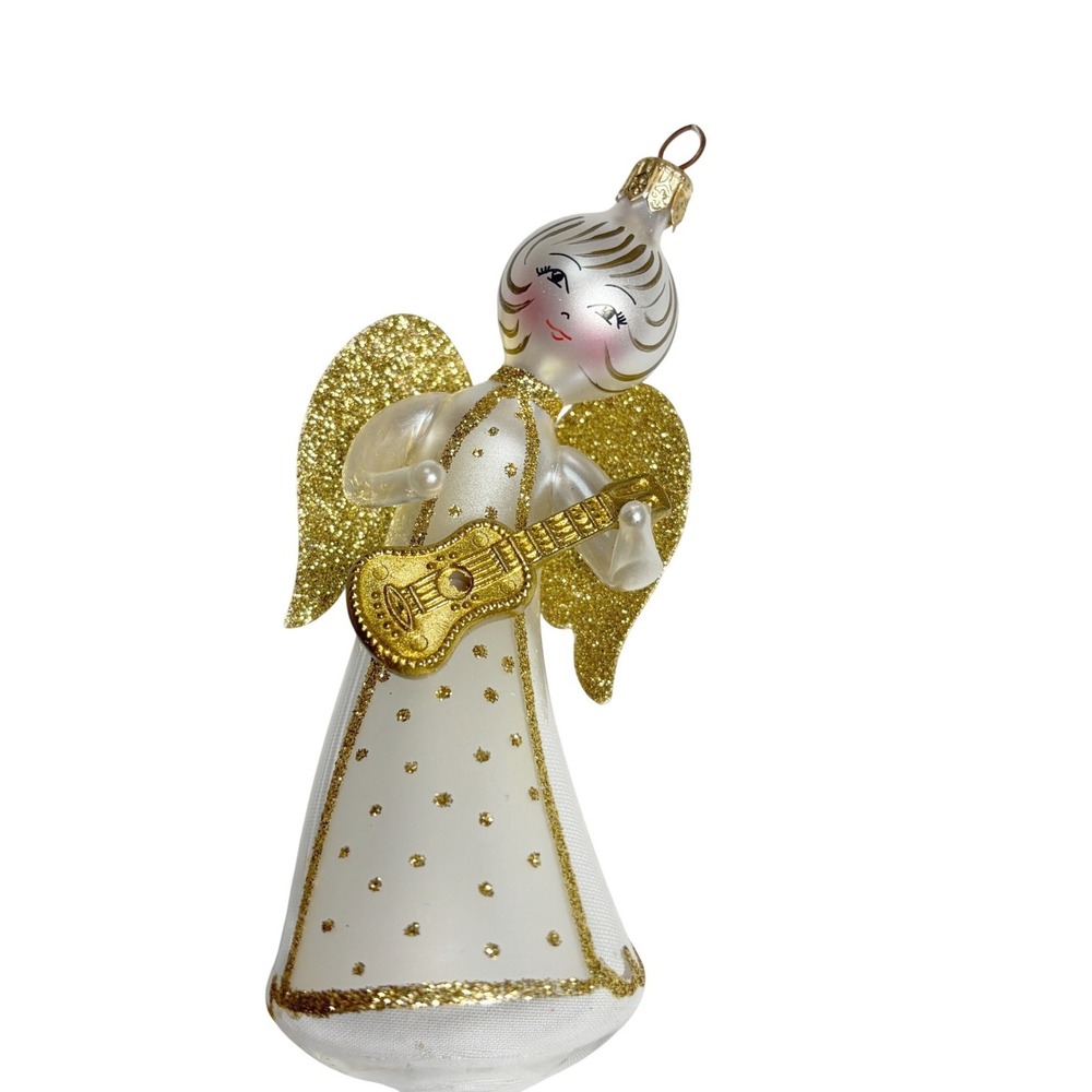 Vintage Frosted Glass Angel Guitar Ornament Gold Wings Mid Century Christmas 50s
